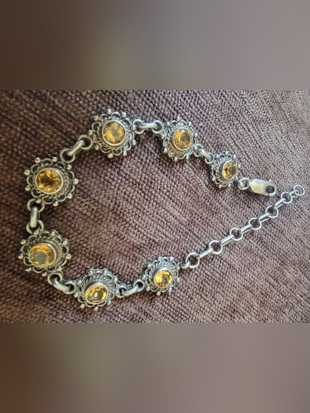 Sterling SIilver Native American Citrine  Link Bracelet - Yellow Gem Accents